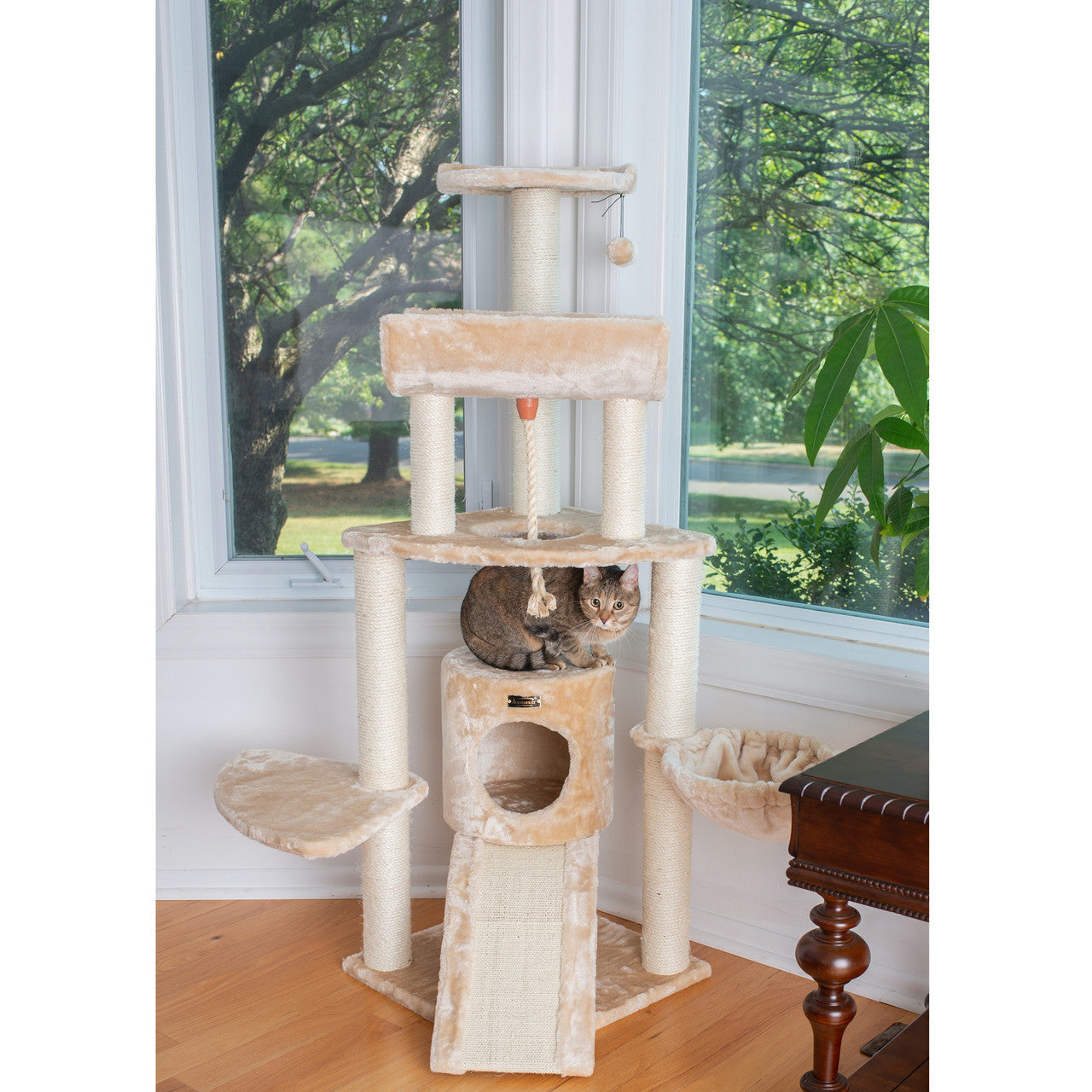 Armarkat 59" Spacious Thick Fur Real Wood Cat Tower with Basket Lounge and Ramp - - Cat Tree by Armarkat