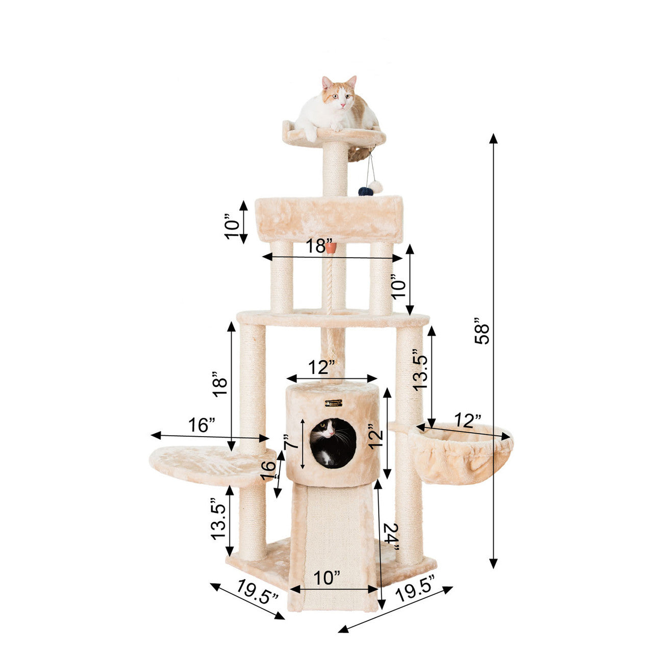 Armarkat 59" Spacious Thick Fur Real Wood Cat Tower with Basket Lounge and Ramp - - Cat Tree by Armarkat