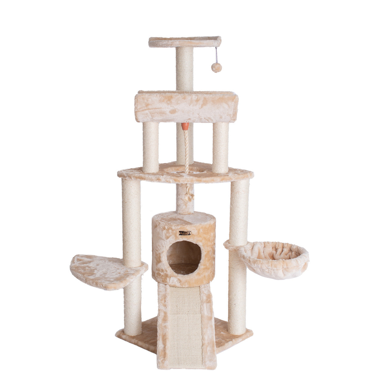 Armarkat 59" Spacious Thick Fur Real Wood Cat Tower with Basket Lounge and Ramp - - Cat Tree by Armarkat