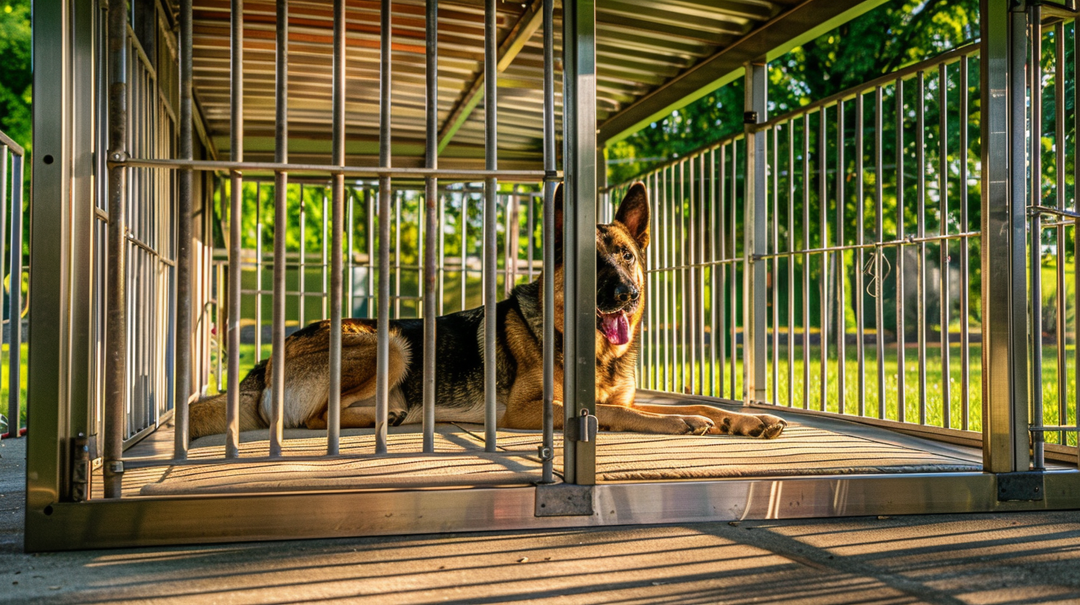 German Shepherd relaxing inside a secure outdoor dog kennel for large breeds, featuring strong steel bars and shaded roof in a backyard setting.
