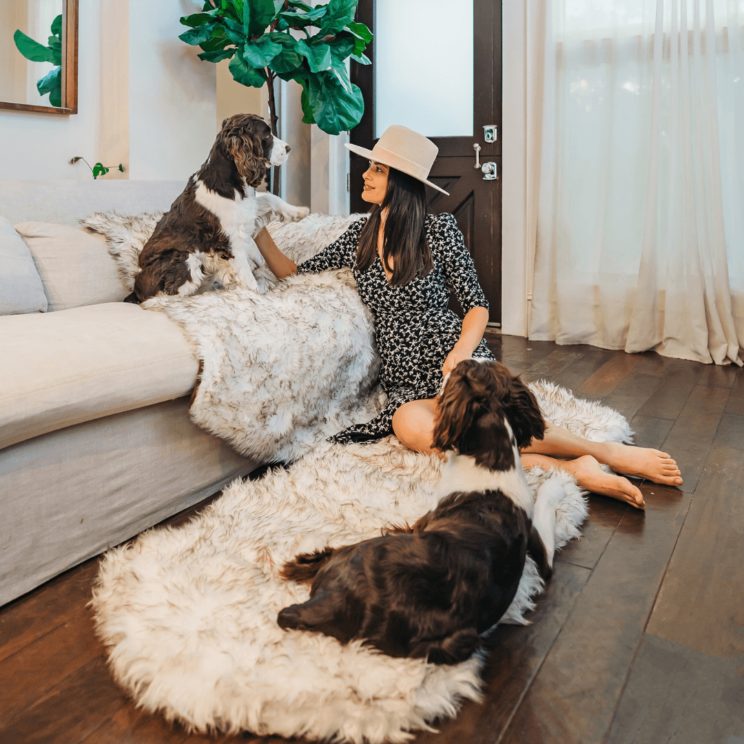PupRug® Runner Faux Fur Memory Foam Dog Bed - Curve White with Brown Accents - - Dog Beds by Paw.com
