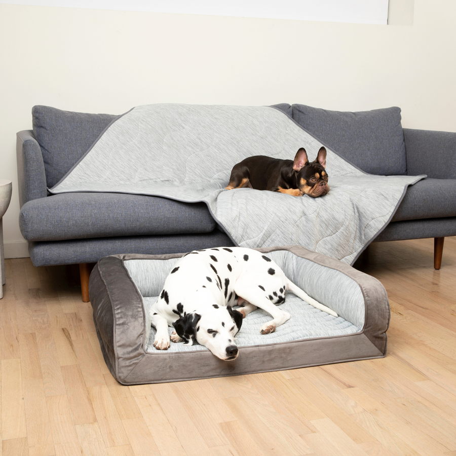 PupChill™ Cooling Bolster Dog Bed + Waterproof Blanket Bundle - Arctic Grey - Large Bed (35" L x 27" W) + Original Blanket (50" L x 60" W) - by Paw.com