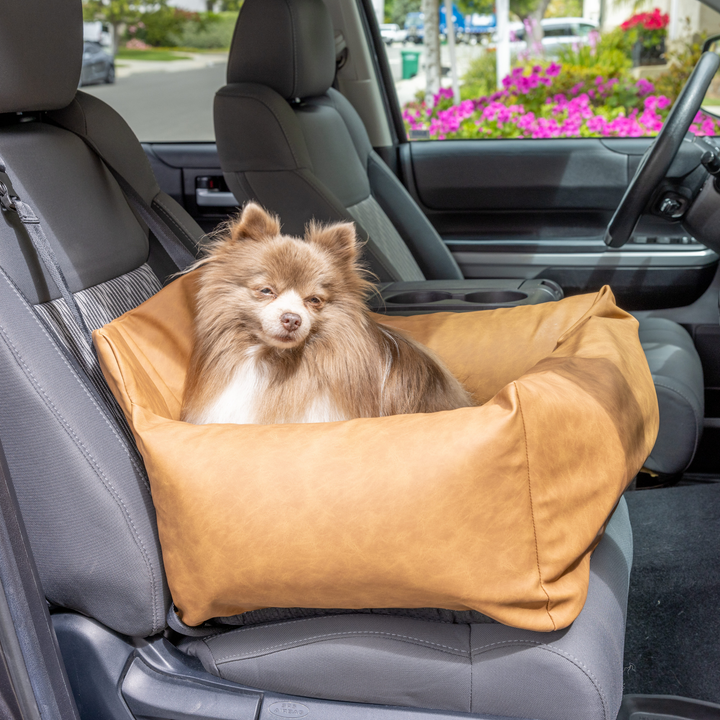 PupProtector™ Faux Leather Memory Foam Dog Car Bed - Camel - Single Seat (22" x 16" x 13") - Travel by Paw.com