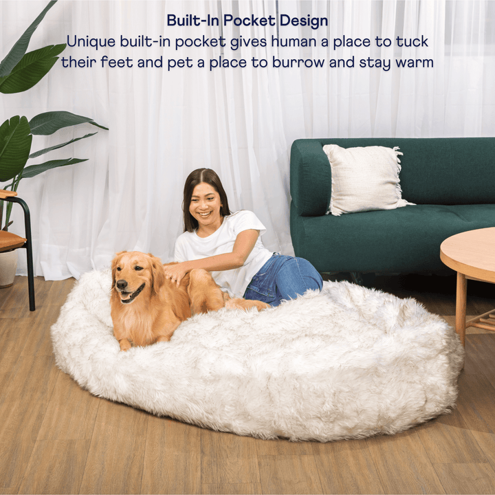 PupCloud™ Human-Size Faux Fur Memory Foam Dog Bed - White with Brown Accents - - by Paw.com