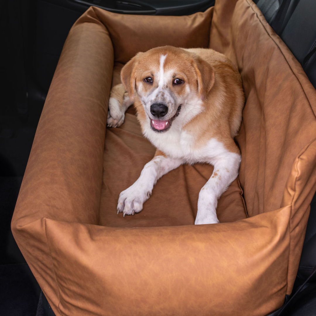 PupProtector™ Faux Leather Memory Foam Dog Car Bed - Camel - - Travel by Paw.com