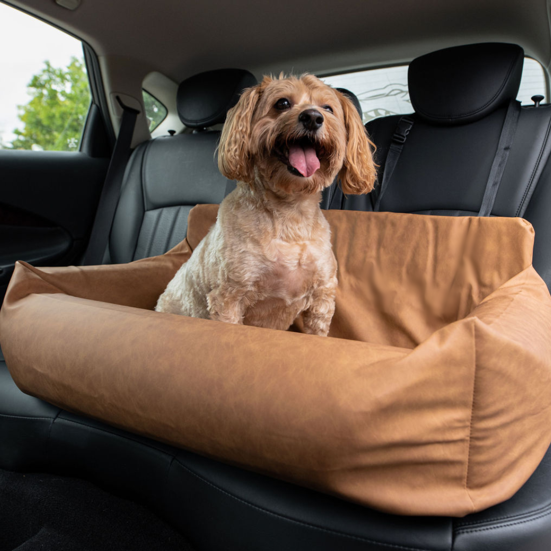 PupProtector™ Faux Leather Memory Foam Dog Car Bed - Camel - Double Seat (36" x 18" x 13") - Travel by Paw.com