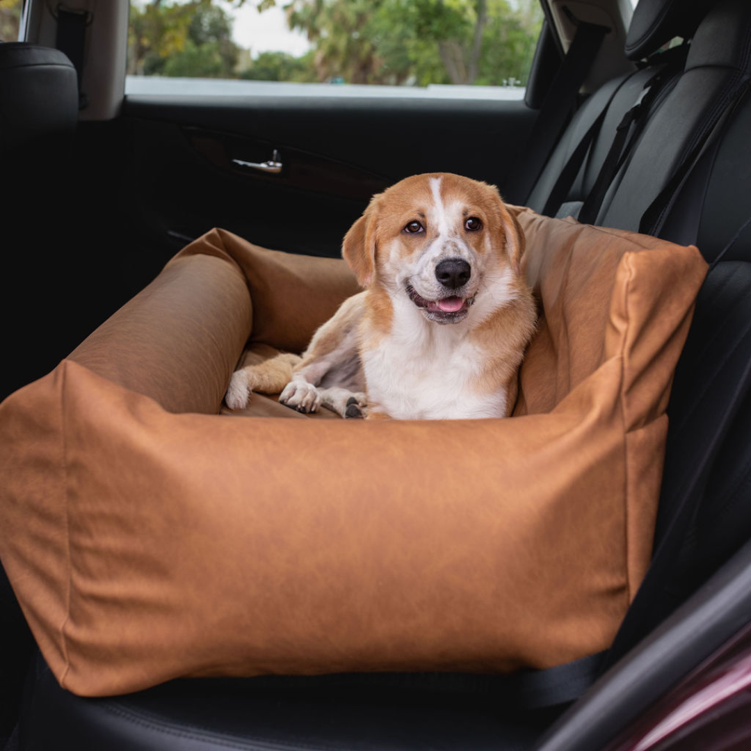 PupProtector™ Faux Leather Memory Foam Dog Car Bed - Camel - Full Back Seat (48" x 18" x 13") - Travel by Paw.com