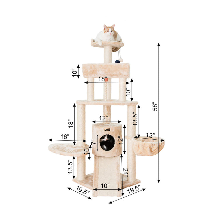 Armarkat 59" Spacious Thick Fur Real Wood Cat Tower with Basket Lounge and Ramp - - Cat Tree by Armarkat