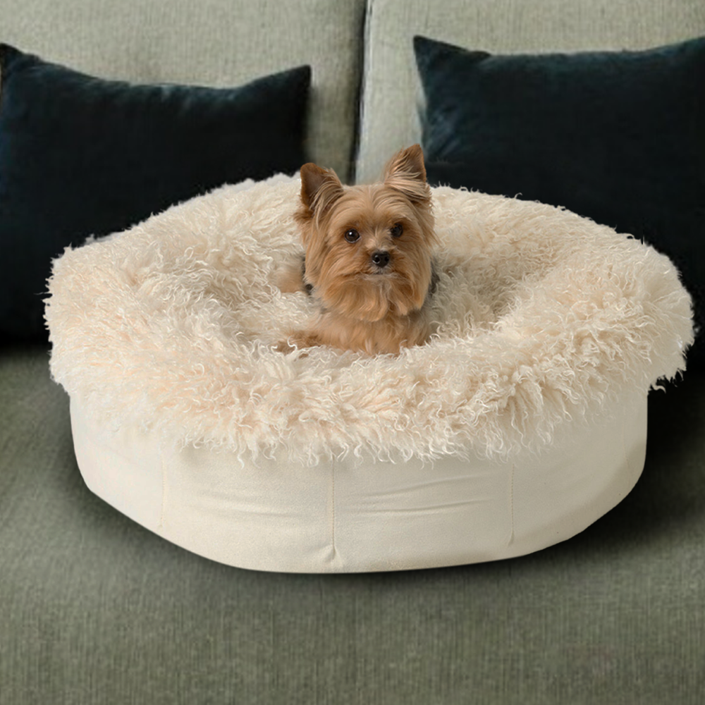 PupPouf™ Luxe Faux Fur Donut Dog Bed - Plush Sheep Ivory - - Dog Beds by Paw.com