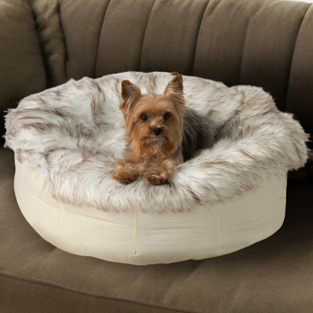 PupPouf™ Faux Fur Donut Dog Bed - White with Brown Accents - - Dog Beds by Paw.com