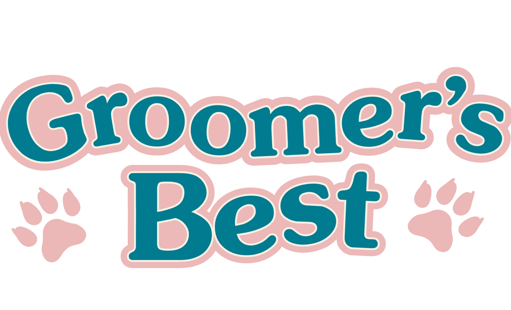 Groomer's Best logo featuring bold teal text outlined in soft pink with playful paw prints on both sides, conveying a friendly and professional pet grooming brand identity.