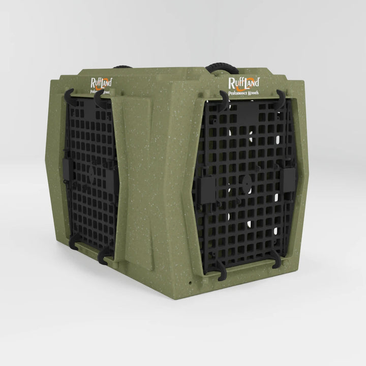 RuffLand Intermediate Kennel - Olive Drab Double Door (Front Left) - Dog crates by Ruff Land Performance Kennels