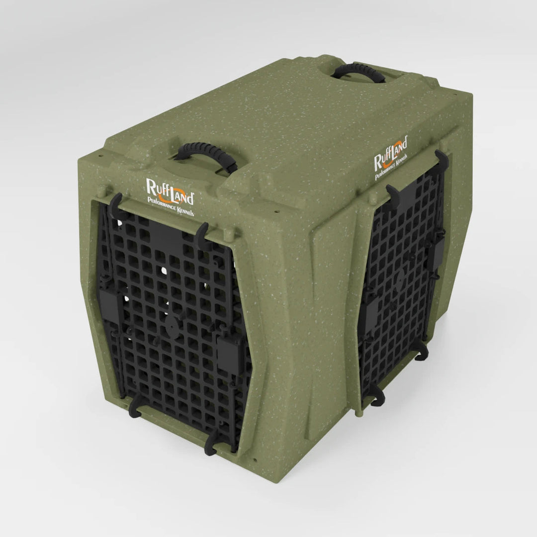 RuffLand Intermediate Kennel - Olive Drab Double Door (Front Right) - Dog crates by Ruff Land Performance Kennels