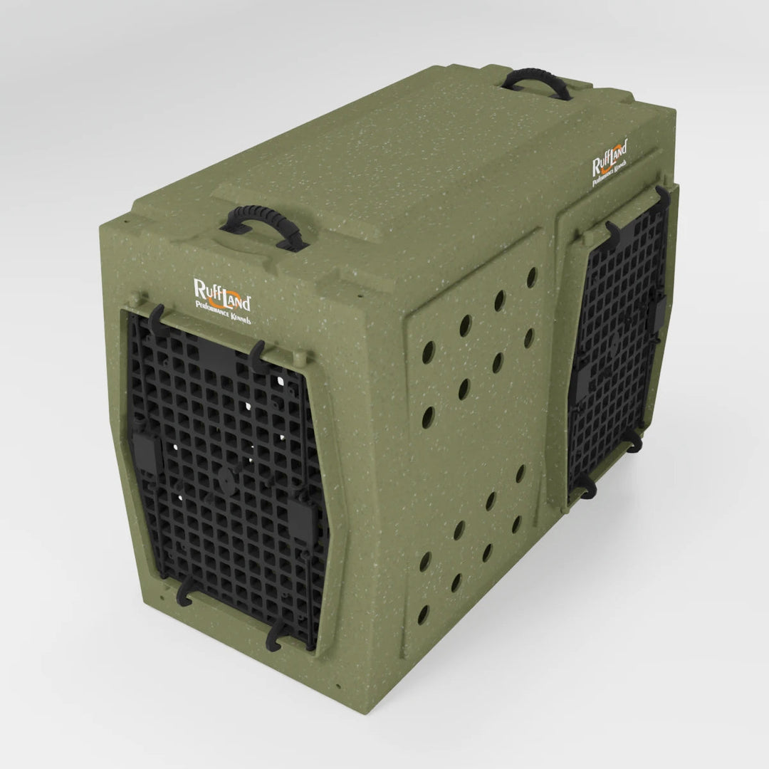 RuffLand X-Large Kennel - Olive Drab Double Door (Front Right) - by Ruff Land Performance Kennels