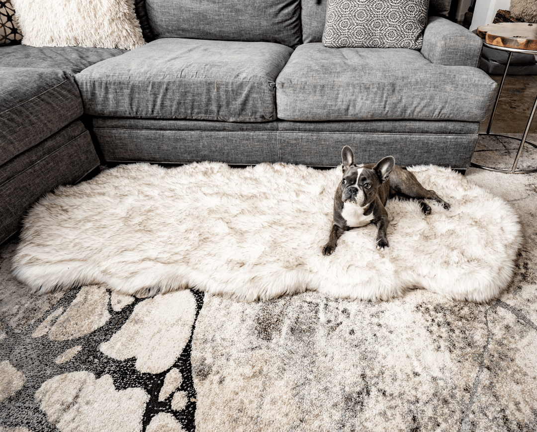 PupRug® Runner Faux Fur Memory Foam Dog Bed - Curve White with Brown Accents - - Dog Beds by Paw.com