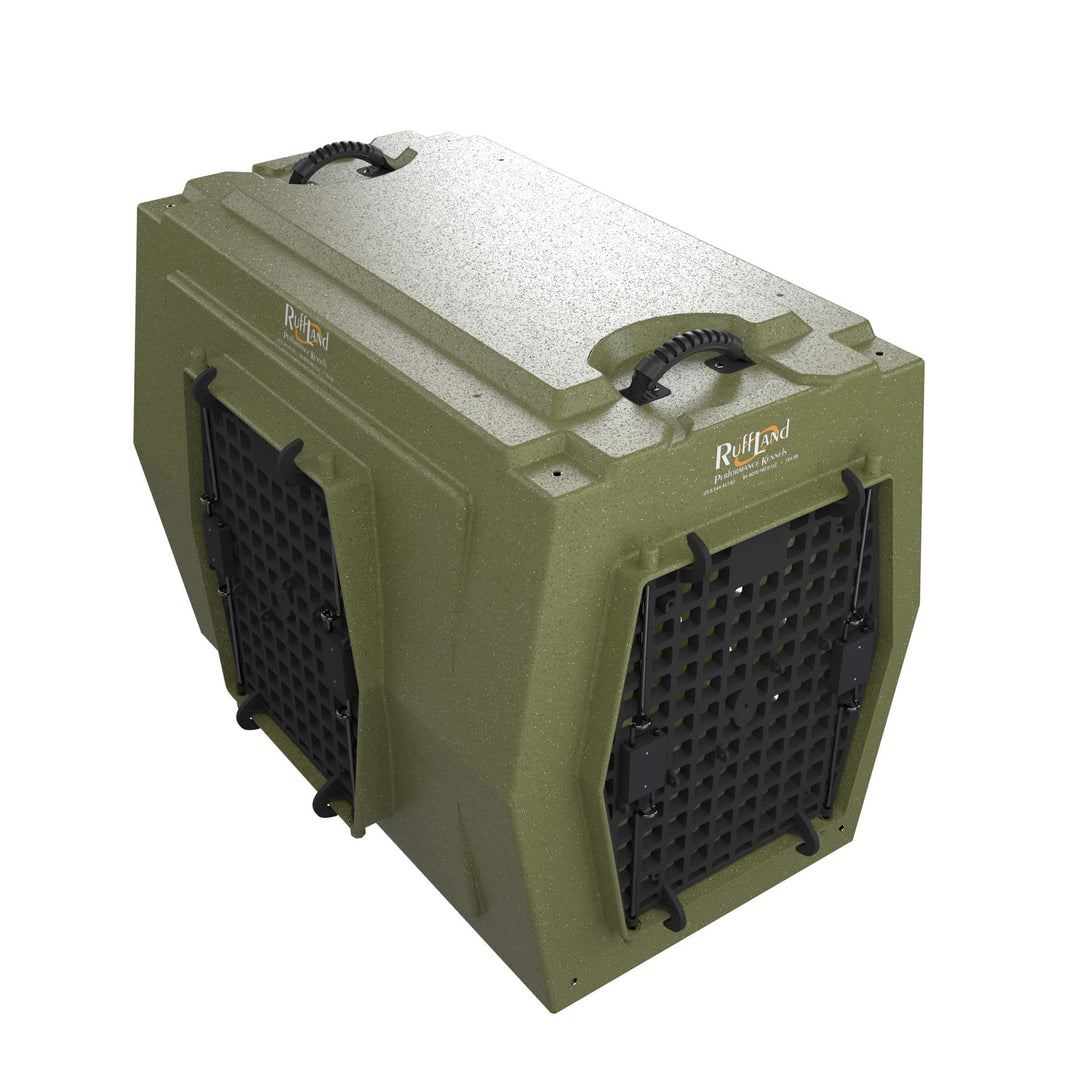 RuffLand Large Kennel - Olive Drab Double Door (Front Left) - Dog crates by Ruff Land Performance Kennels