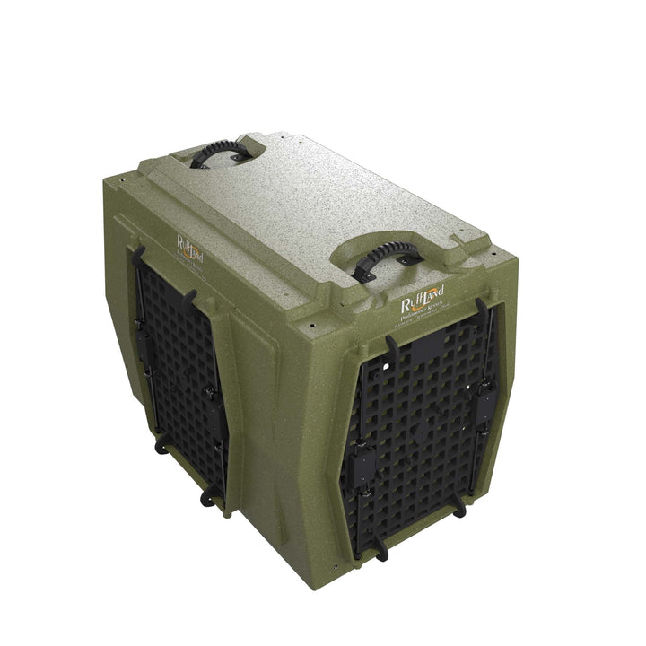 RuffLand Intermediate Kennel - Olive Drab Double Door (Front Left) - Dog crates by Ruff Land Performance Kennels