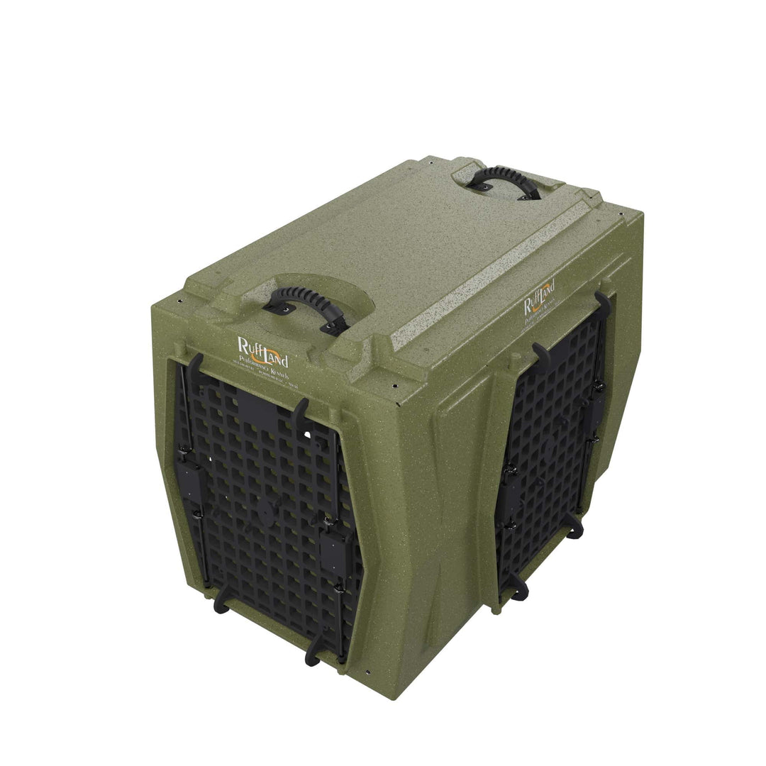 RuffLand Intermediate Kennel - Olive Drab Double Door (Front Right) - Dog crates by Ruff Land Performance Kennels