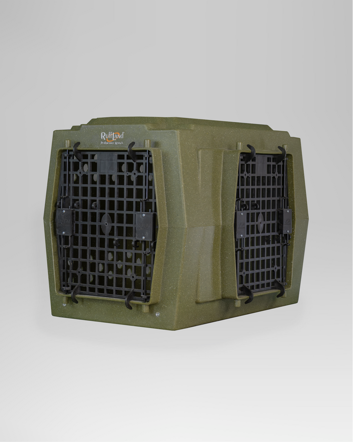 RuffLand Medium Kennel - Olive Drab Double Door (Front Right Side - Dog crates by Ruff Land Performance Kennels
