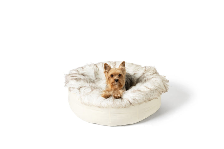 PupPouf™ Faux Fur Donut Dog Bed - White with Brown Accents - - Dog Beds by Paw.com
