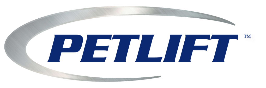 PetLift logo featuring the brand name in bold blue capital letters with a sleek, metallic oval swoosh encircling the text.