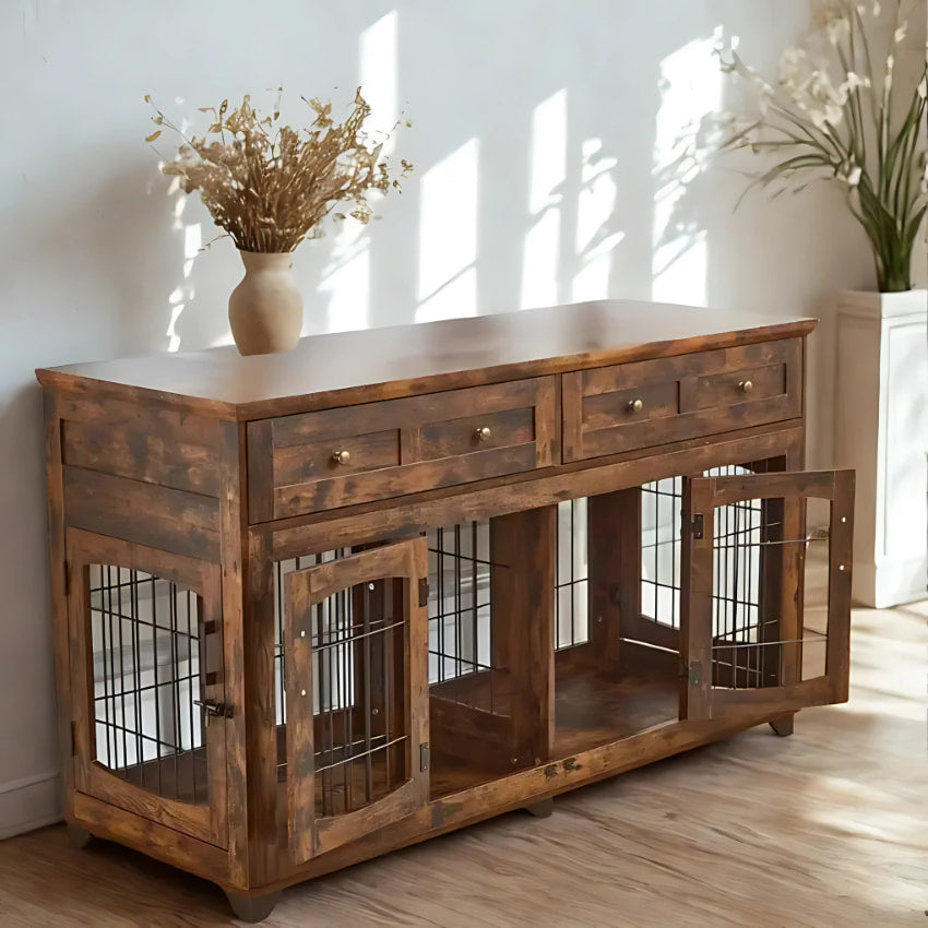 OnePaw THEIA Double Dog Crate with Drawers - - Furniture Crate by OnePaw Dog Company
