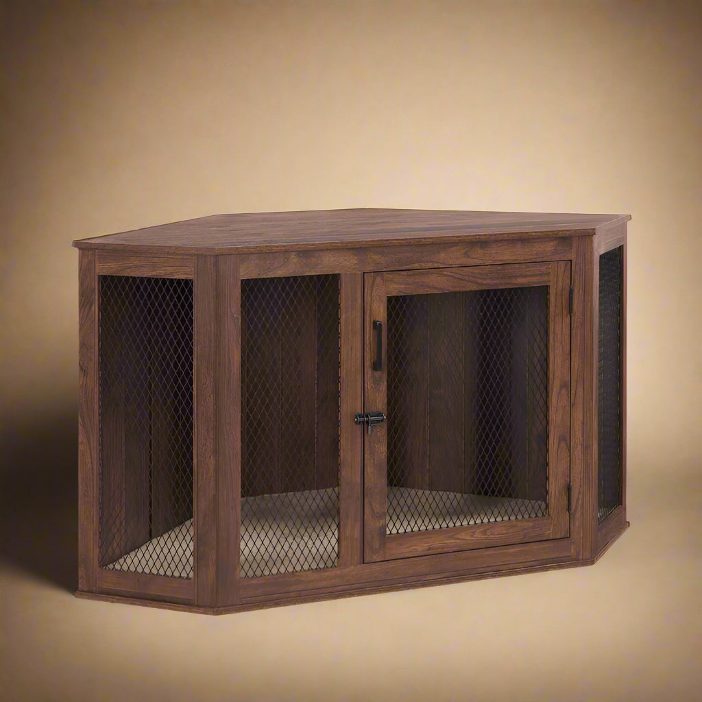 OnePaw KAIROS Corner Wooden Dog Crate - Brown - Furniture Crate by OnePaw Dog Company