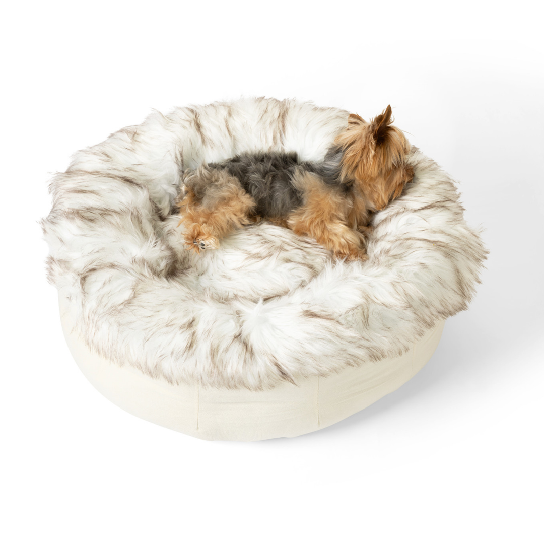 PupPouf™ Faux Fur Donut Dog Bed - White with Brown Accents - - Dog Beds by Paw.com