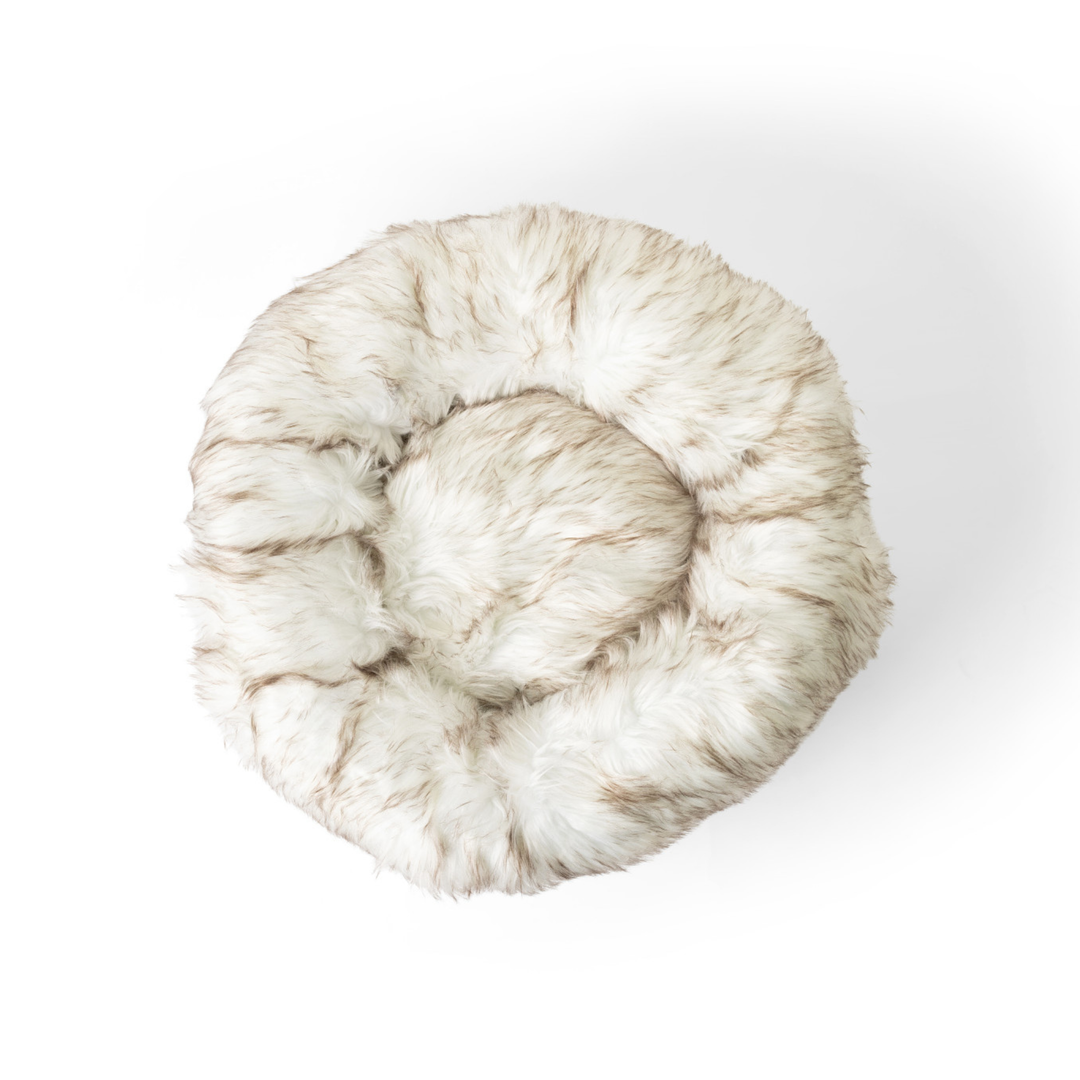 PupPouf™ Faux Fur Donut Dog Bed - White with Brown Accents - - Dog Beds by Paw.com