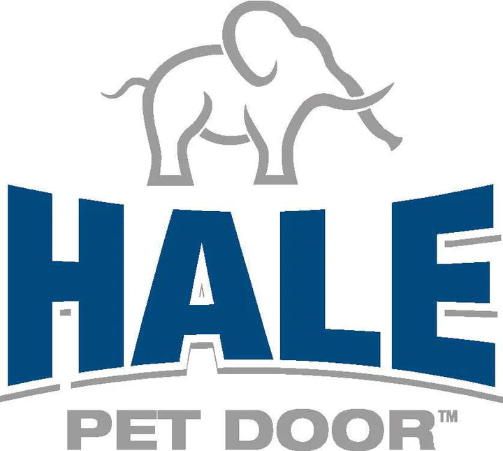 Hale Pet Door logo featuring bold blue lettering with a stylized gray elephant walking above the text and “PET DOOR” written below in gray capital letters.