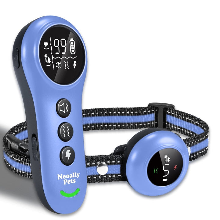 NeoAlly 2-in-1 Dog Training & Bark Control Collar | Automatic Barking Detection, Remote Shock, 5-150lbs Dogs | Rechargeable, Waterproof - Light Blue - by Neoallypets