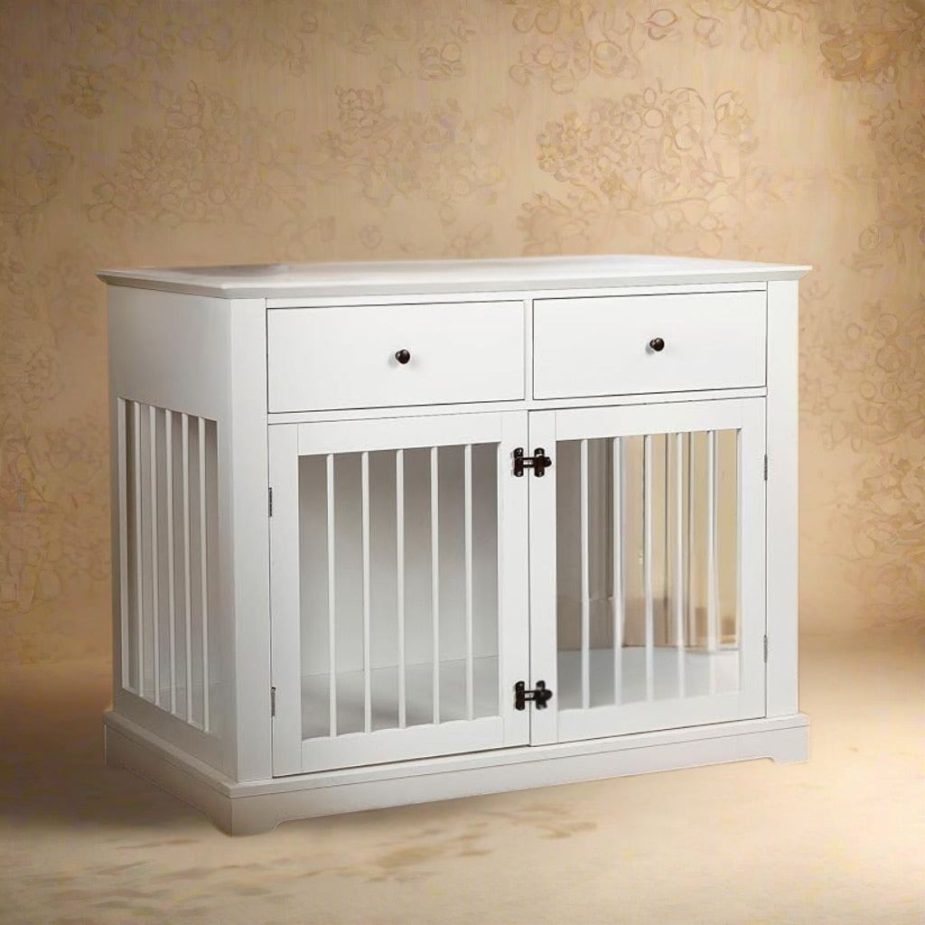 OnePaw LYRA Wooden Dog Crate with Storage - White - Furniture Crate by OnePaw Dog Company