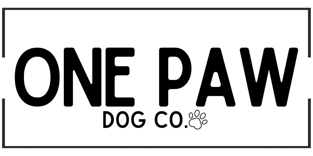 One Paw Dog Co. logo featuring bold black text with a minimalist rectangular border and a playful paw print replacing the period in "Co." for a clean, modern look.