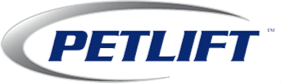 PetLift logo featuring the brand name in bold blue capital letters with a sleek, metallic oval swoosh encircling the text.