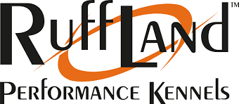 Ruff Land Performance Kennels logo featuring bold black text with an orange swoosh circling the brand name, representing durability and motion for premium dog kennels.