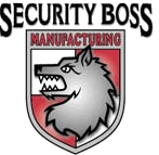 Security Boss Manufacturing logo featuring a bold black title above a red and silver shield emblem with a stylized, aggressive wolf head illustration in profile.